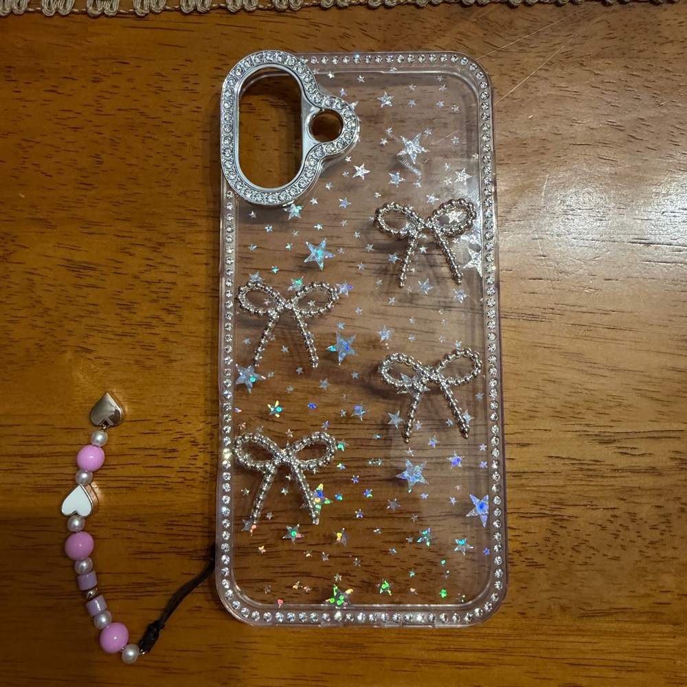 Clear Glitter Bow Phone Case with Charm iphone 16plus